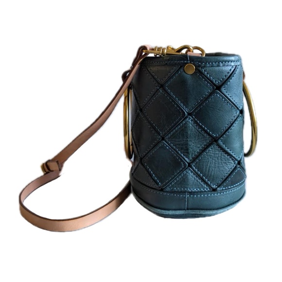blue green leather diamond patch drawstring bucket handbag or crossbody - Picture 2 of 6